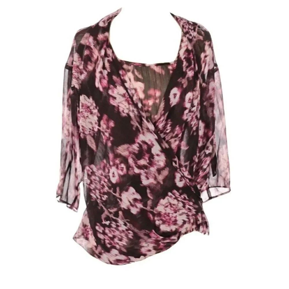 NY&C Pink Floral Draped Layered 3/4 Sleeve Top